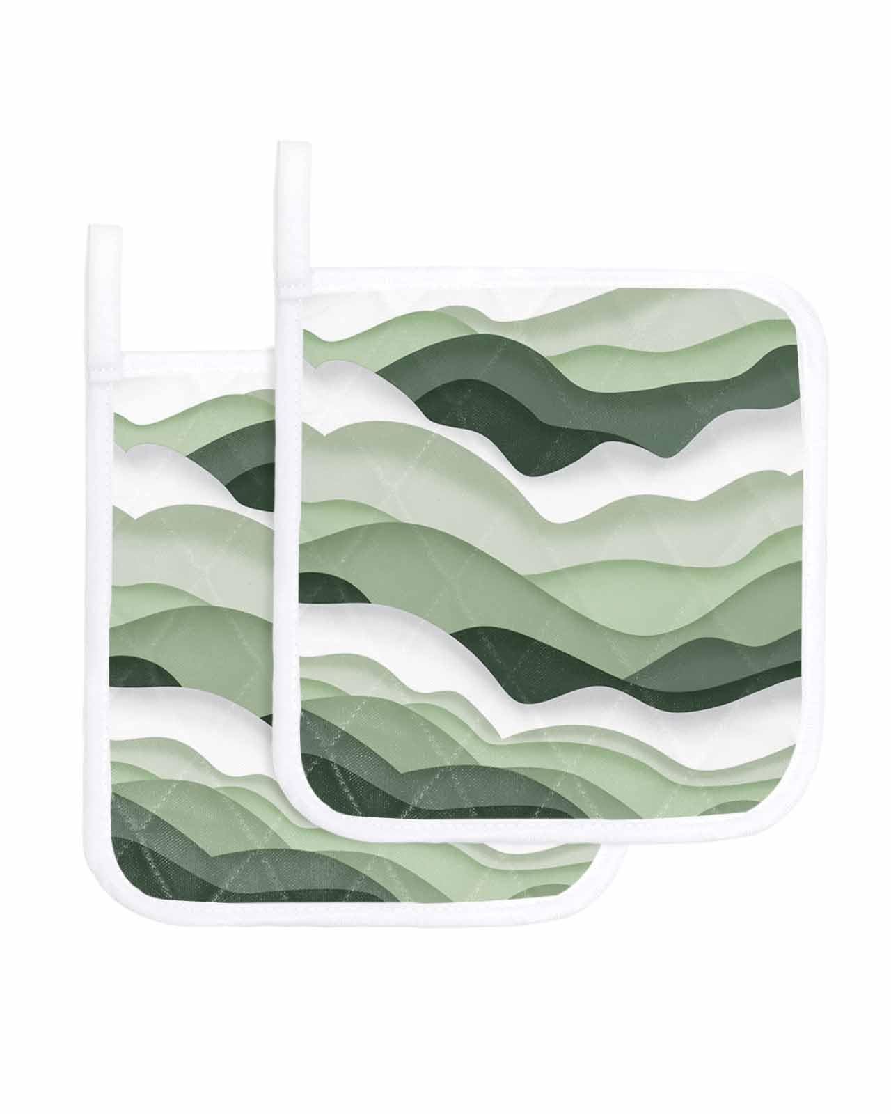2 Packs Sage Green Pot Holders Sets for Kitchen,Oven Pan Plate Bowl Pads Heat Proof Mat with Hanging Loop,Thick Terry Cloth Potholders Non Slip Soft Grip Coastal Ocean Geometric Abstract Wave White