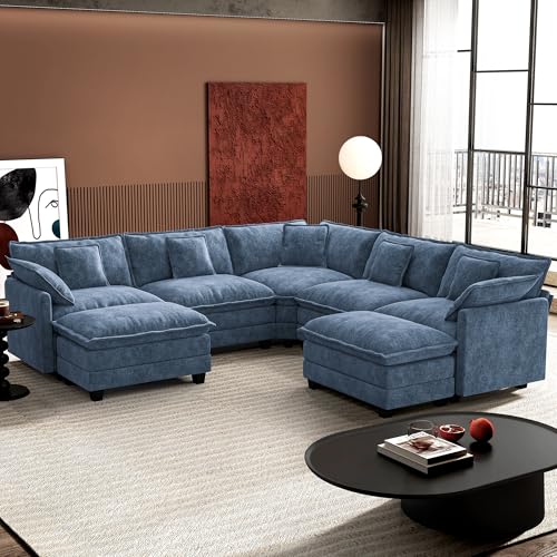 Image of Ihanherry 114 inch V-Shaped Modern Sofa Modular Sectional Cloud Couch with 2 Ottoman, 7-Seat Chenille Deep Seat Sofa with Corner Section for Living Room, Bedroom and Apartment, Blue