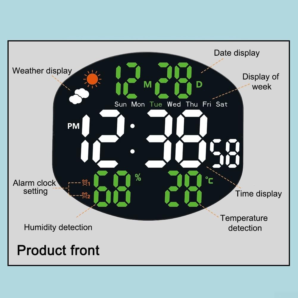 Grande orologio da parete digitale, multifunzione, a LED, stazione meteo digitale con sensore di umidità e temperatura, ampio display, ora, data, calendario, doppio allarme per soggiorno (bianco e