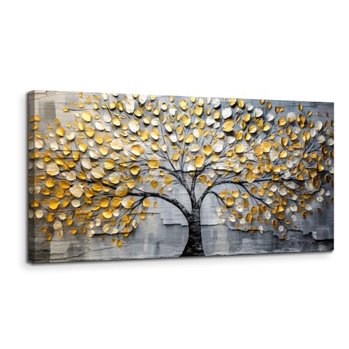 MHARTK66 Goldener Baum Leinwand Bilder, 50x100 cm Groß Wandbilder Wohnzimmer Baum des Lebens Bild Aesthetic, Modern Wanddeko Kunstdruck Schlafzimmer Badezimmer Büro Esszimmer Küche