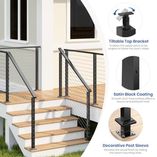 Image of BLIKA 10FT-15FT Modular 42 inch Stair Railing Post Kits for 25 to 35 Stairs | Stair Cable Railing Kit, Black Swageless Cable Railing System Include 3 Stair Posts, 200FT 1 /8 inch Stainless Cable(No Handrail)