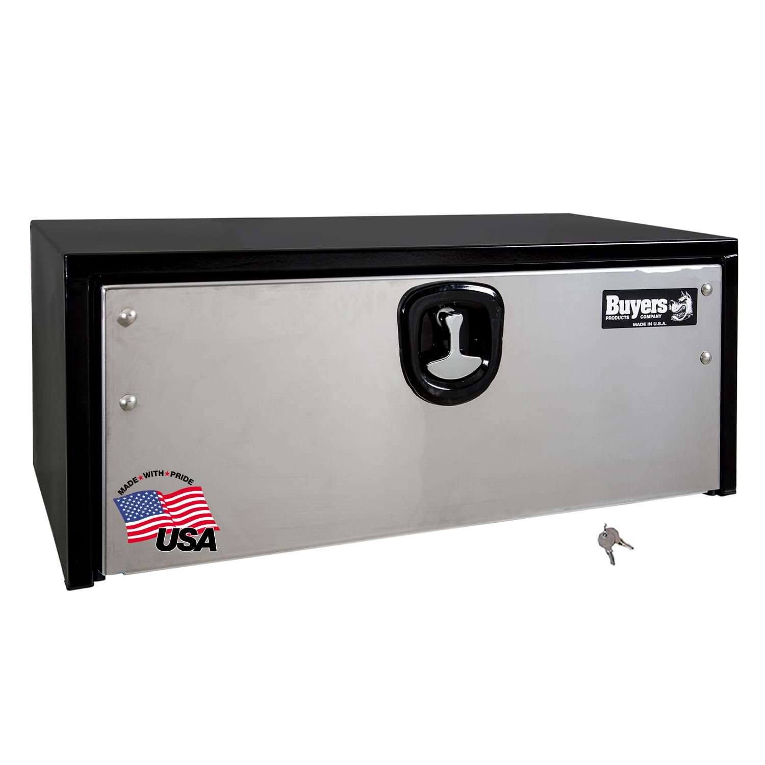 Buyers Products 1703703 Black Steel Underbody Truck Box With Silver Polished Stainless Steel Door, 14 x 16 x 30 Inch, Made In The USA, Truck Tool Box Organizer With Storage, Job Box For Work Truck