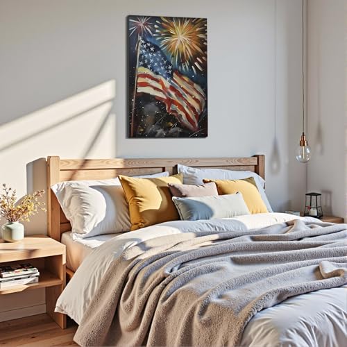 Image of Framed 4th of July Fireworks American Flag Wall Art, Patriotic Impasto Canvas Art Pictures, USA Flag Wall Decor for Living Room Man Cave Bar, Ready to Hang Made in USA