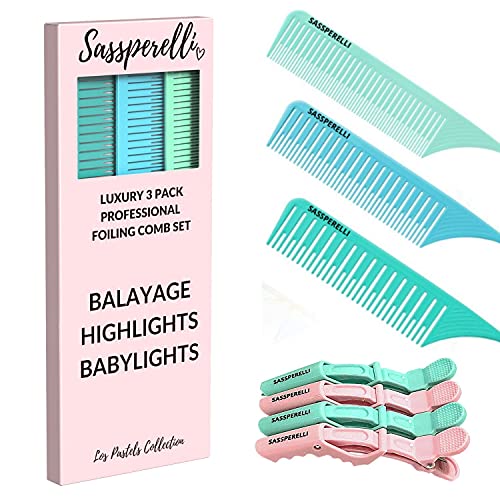 Sassperelli 3 Pack Highlighting Combs with Pastel Premium Alligator Clips. Perfect for Highlights, Foils & Balayage. (PASTEL BLUE1)