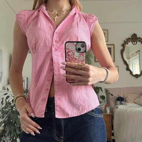Image of Y2k Girls Vintage Coquette Button Down Shirt Women Short Sleeve V-Neck Slim Fitted T-Shirt Cute Blouse Crop Top