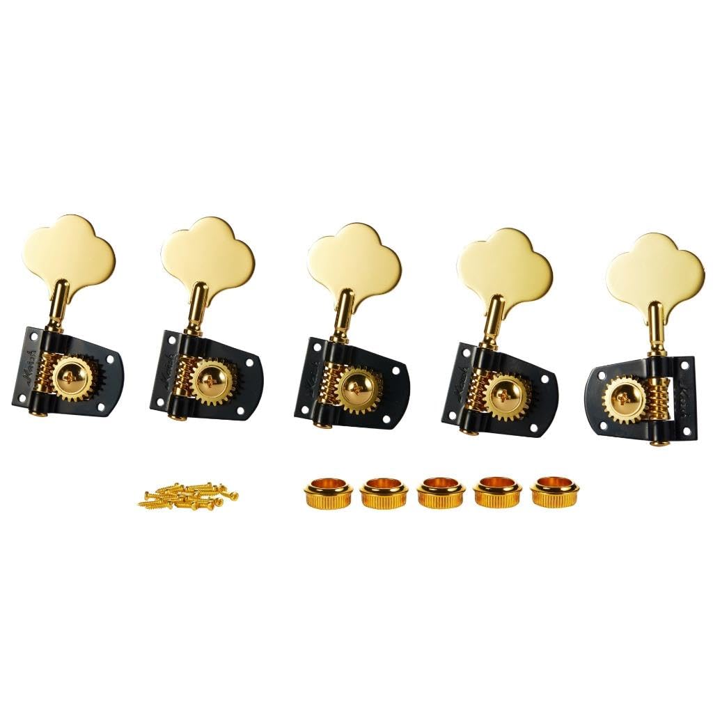 KAISH Cloverleaf 5 String Bass Tuners Bass Tuning Machines 5 String Bass Tuning Keys for Standard/Highway One Series Jazz Bass J Bass/Precision Bass P Bass Black with Gold 4 Right/1 Left