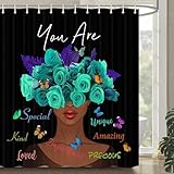 African American Shower Curtain, Black Girl Shower Curtain African Bathroom Set, Black Woman Shower Curtain Inspirational Motivational Shower Curtain Afro Teal Rose Bath Curtain with Hooks(69X70)