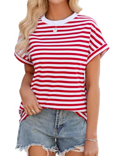 Xnova Camisetas Mujer Manga Corta Verano Camiseta Rayas Oversized Tops con Cuello Redondo Talla Grande Tshirt Basicas Casual Blusas Elegantes, Rojo y Blanco, XXL
