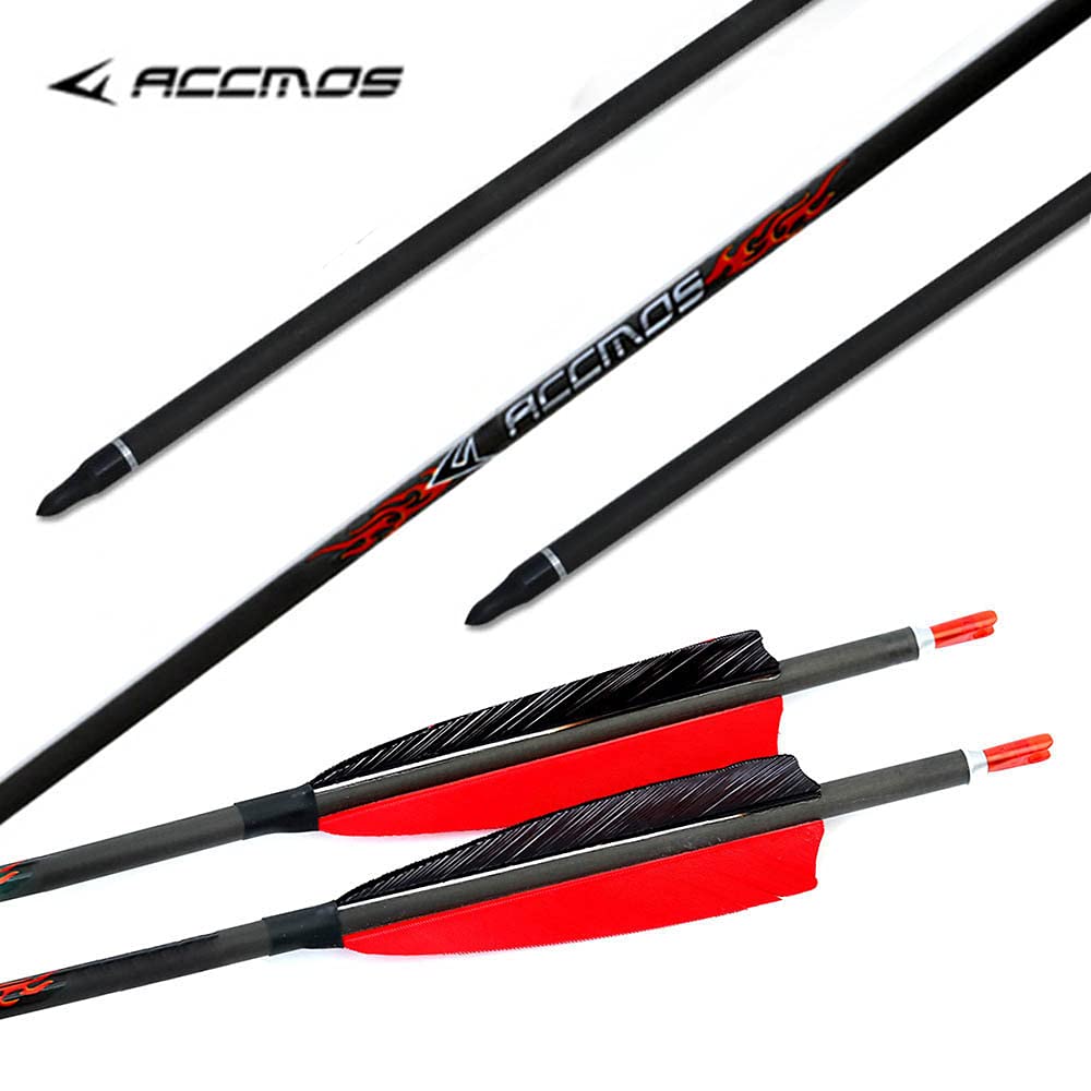 ACCMOS 33 Pollici Freccia in Carbonio ID 6,2 mm Spine 300 con 4" Piuma di Tacchino Frecce da Caccia, per Arco Ricurvo Arco Composto Tiro con L'Arco 6 pzi (6pcs, Spine 300)