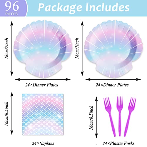 Image of ZOIIWA 96 Pieces Mermaids Themed Party Decorations Mini Under the Sea Tableware for Girls Clam Shell Dessert Plates Napkins Forks for 24 Guests Birthday Party Favors