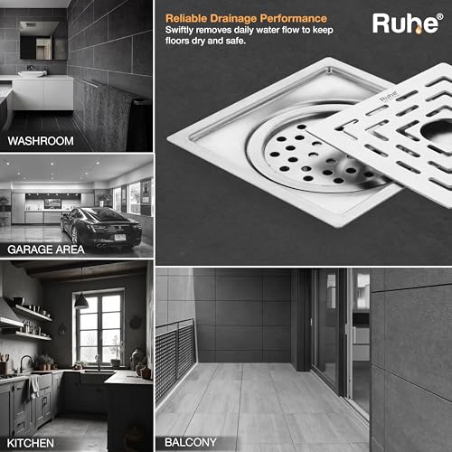 Image of Ruhe Sapphire Exclusive Square Flat Cut Floor Drain /Jali with Cockroach Trap & Hole | 304 Stainless Steel Floor Drain | 6 x 6 inches