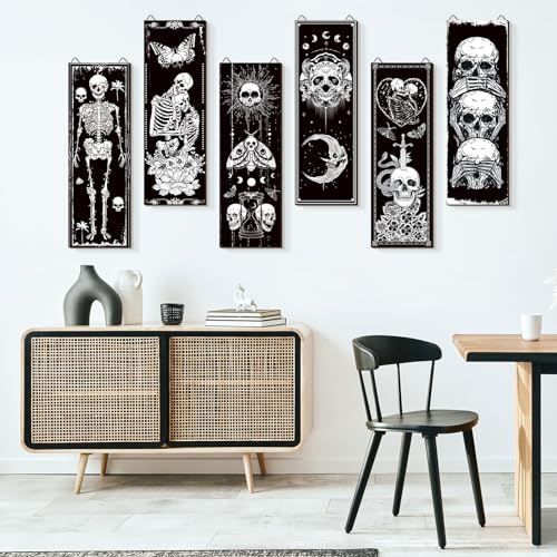 Sintuff 6 Pieces Black Gothic Wall Decor Skull Wall Art Boho Sun Moon Phases Snake Gothic Hanging Wooden Minimalist Skeleton Art Prints Vintage Pediments for Room Living Bedroom Bathroom