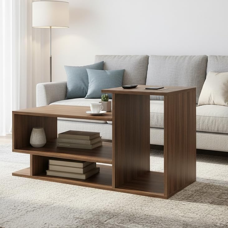 Image of FURNEASER Afaria Modern Engineered Wood Coffee Table with Storage Shelves | Center Table for Living Room & Sofa Area | Multi Level Open Rack Design | DIY Furniture