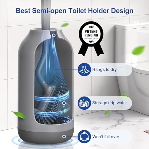 Image of HAMITOR Toilet Bowl Brush Holder Set: Deep Cleaning Silicone Toilet Cleaner Scrubber Under Rim with Curved Bristle for Bathroom Dead Corner Clean - Modern Rv Toilet Decorative Accessories - Gray