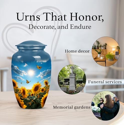 Image of Butterfly with Sunflower Urn for Ashes for Women - Large Urns for Human Ashes Adult Female - Yellow Sunflower Urn for Adult Mom and Dad - Large Decorative Urns for Handmade 10inch