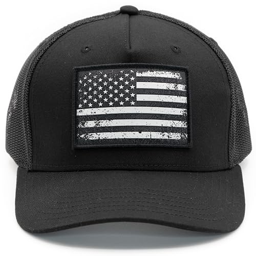 Image of MASHBILL Trucker Hat with Distressed American Flag Patch - Adjustable Snapback Patriotic Cap for Men Women
