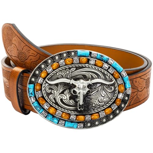 Womens-Western Turquoise Buckles-Belt Cowboy Cowgirl Style PU Leather Belts Vintage Western Waist Belt for Pants4