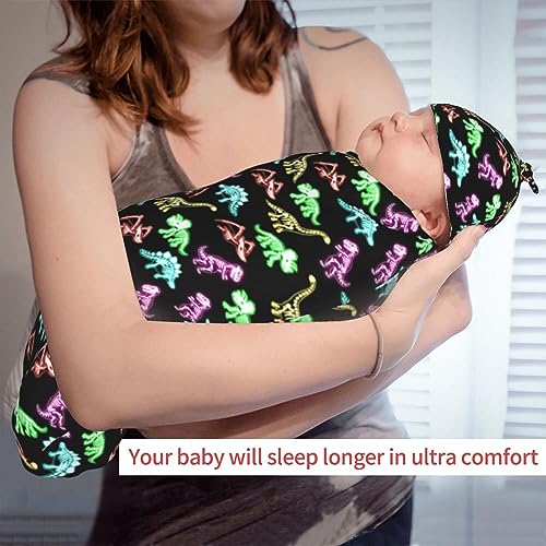 Image of Neon Dinosaurs Newborn Swaddle Blanket with Hat Sets Newborn Receiving Blanket for Boy Girl Swaddle Sack Shower Infant Gift