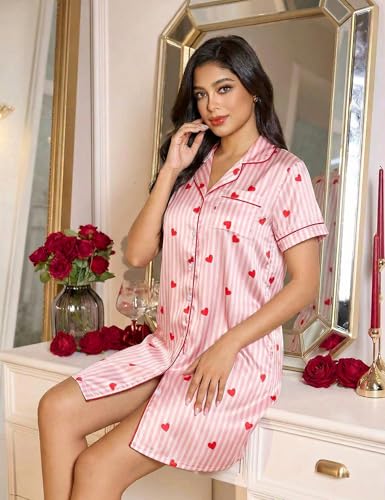 Marvmys Women's Sleepshirts Satin Silk Nightgown Short Sleeve Sleepwear Striped Boyfriend Pajama Dress M - image 9