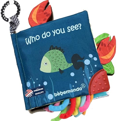 Image of Fish Baby Books Toys,Touch and Feel Crinkle Cloth Books for Babies,Infant, Baby Toys 0-6-12 18 Months, Learning Education Soft Sensory Mirror Toy,Shower Gifts for Baby Boys Girls-Red Teether