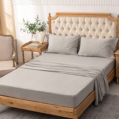 PURE ERA Jersey Knit 4pc Bed Sheet Set 100% T-Shirt Heather Cotton Super Soft Comfy Breathable Fits Mattress Up to 20" Extra Deep Pocket (Heather Light Grey, Cal King)
