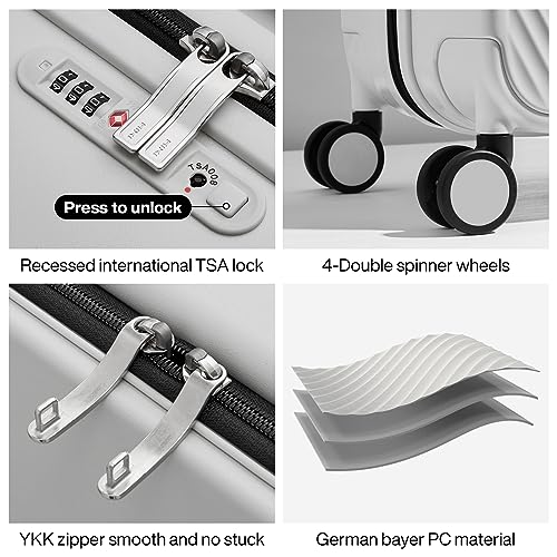 mixi Large Capacity Expandable Carry On Luggage Airline Approved 20\'\' Lightweight Luggage Wide Handle PC Hardshell Suitcases with Spinner Wheels & TSA Lock, Smoke White