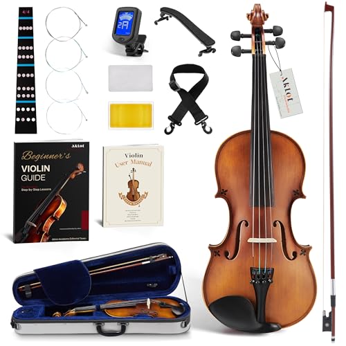 AKLOT Handcrafted Full Size Violin: Solid Wood Matte Fiddle, Acoustic Beginner 4/4 Violin Kit with...