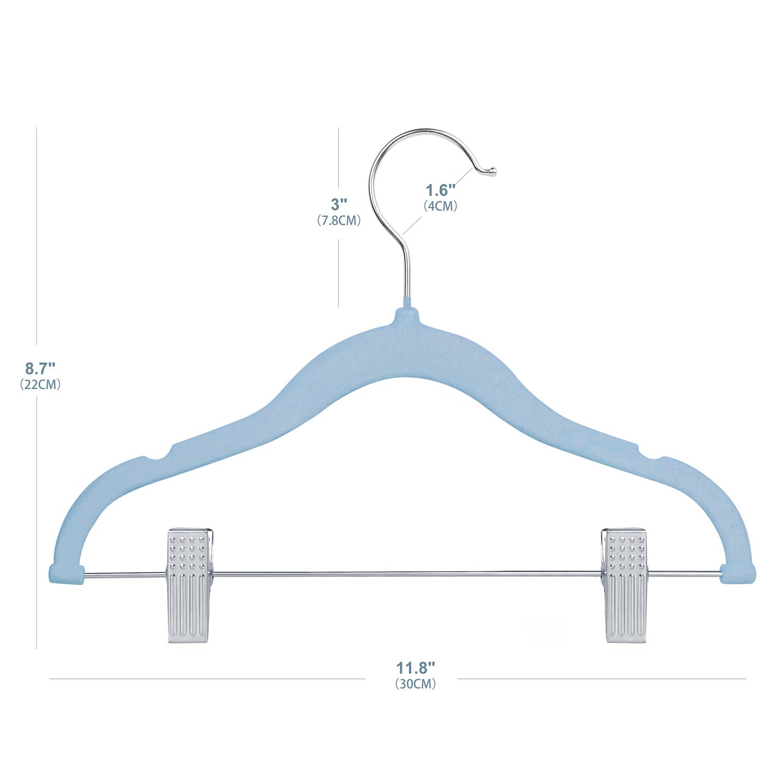 ManGotree Cintres en Velours 30cm pour Bébés avec Pinces Mobiles, Cintres Antidérapants pour Enfants, Cintre en Feutre Ultra-Minces et Peu Encombrants (16 Paquets, Bleu)