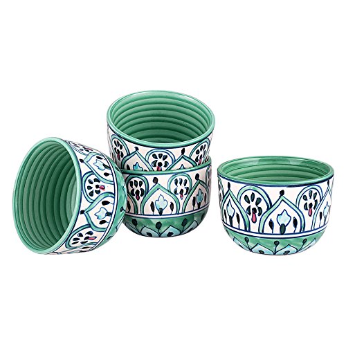 Image of KITTENS Ceramic Bowl Set of 4 (300ml) - Hand Painted Green Floral - Microwave & Dishwasher Safe - BPA-Free, Food Grade - Ideal for Soup, Snacks, Maggi & Gifting