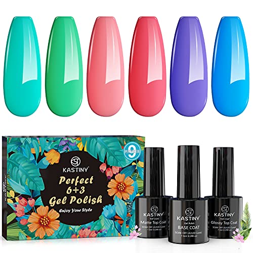 Esmaltes Semipermanentes, Kastiny 9PCS Azul Verde Caramelo Colección Pintauñas Semipermanente con Base, Capa Superior Brillante y Mate, Uñas Gel UV LED