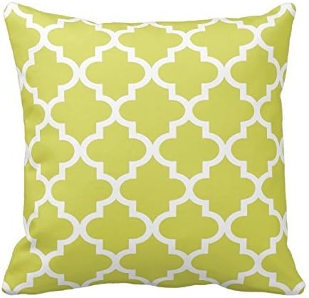 Chartreuse Green and White Decorative Cushion Covers Throw Pillow Case Moroccan Quatrefoil Pattern Print Square Two Sides 18X18 Inch