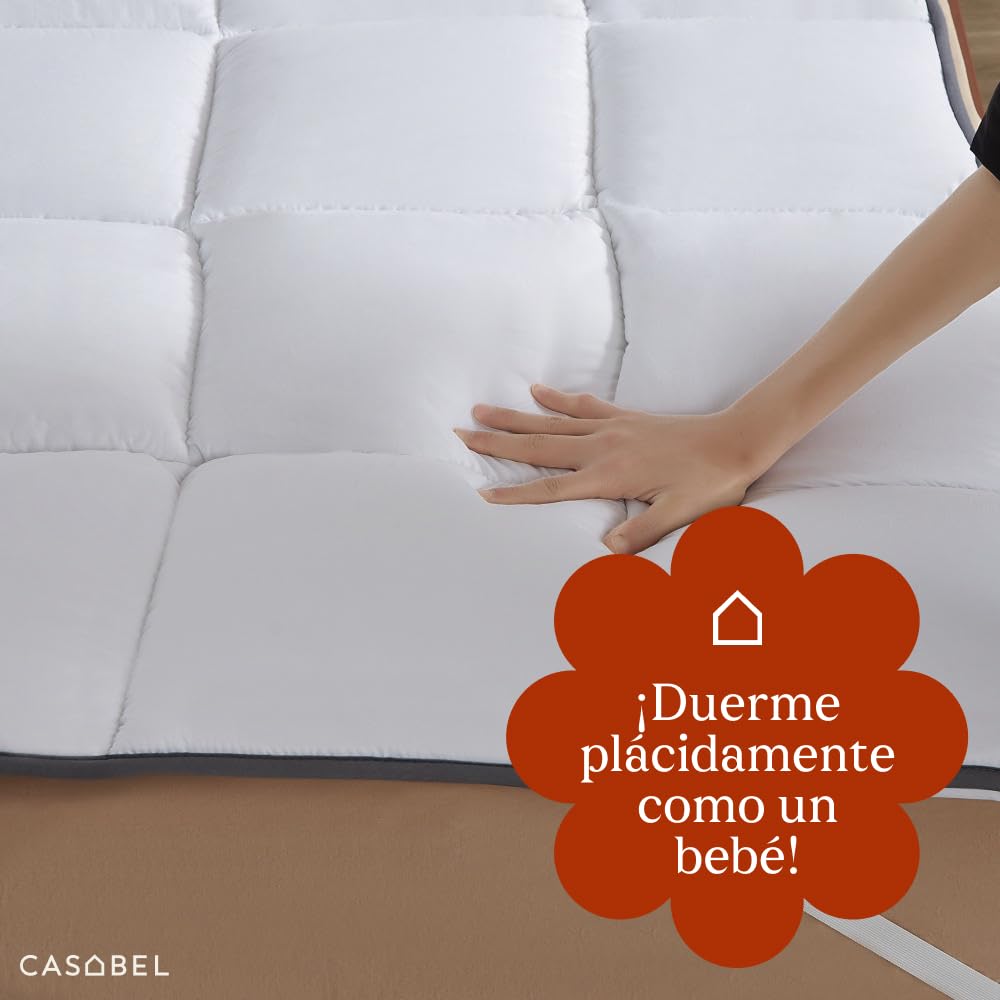 CASABEL Topper Colchón 90x190 cm, 600gsm, Extra Grueso y Suave Topper 90x190 con Microfibra Transpirable, Diseño Acolchado, 4 Correas Elásticas