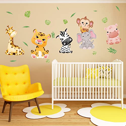 AnFigure Jungle Safari Animals Wall Stickers Elephant Monkey Giraffe Zebra Hippo Wall Decals Kids Baby Boys Girls Room Nursery Playroom Wall Sticker Childrens Babies Neutral Palm Leaf Crib Wall Decor - Image 2