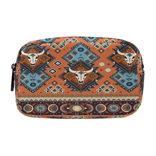 ALAZA Indian Tribal Aztec Ornament Geometric Pattern with Skulls Cosmetic Bag Leather Pencil Case Waterproof Portable Travel Makeup Pouch with Zipper for Women