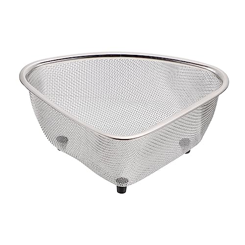 Cabilock Triangle Drain Basket for Kitchen Sink 7 Inch Corner Strainer with Stainless Steel Mesh and Plastic Frame Food Waste and Sponge Holder Small Kitchen Draining Rack