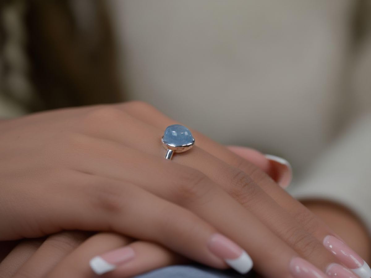 NicoWerk SRI1030 Anillo para mujer en Plata de Ley 925 con piedra ovalada azul mar lisa brillante inusual filigrana curva elegante
