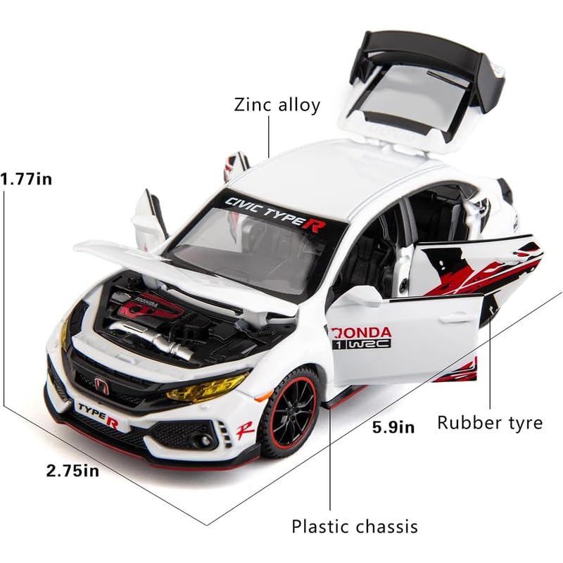 Image of PINQUE Kids New Car 1:32 Civic Type R Diecast Alloy Metal Pull Back Car with Openable Doors Music Sound and Light Vehicle Toy Car for Boys (White)