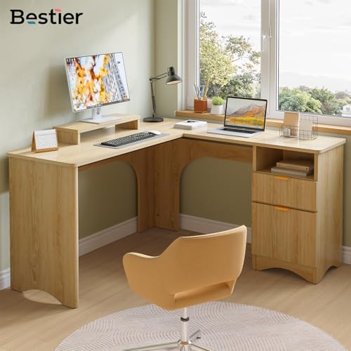 Bestier - 55-inch L-Shaped Computer Desk with Lift Top, Modern Office Desk with Fluted Drawers & File Storage - Thumbnail 2