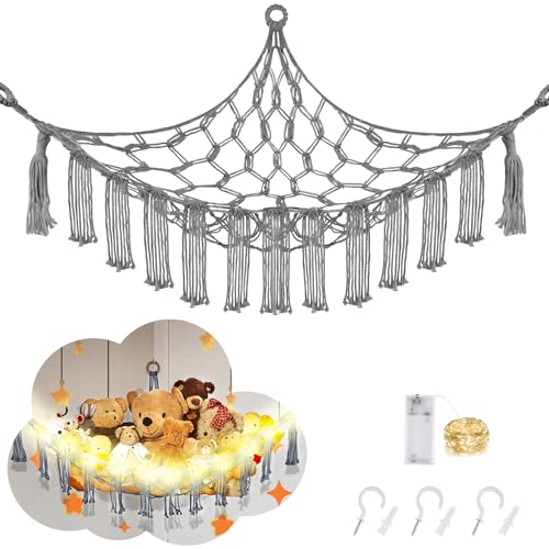 Image of CERETIA Stuffed Animal Hammock with LED Light, Large Stuffed Animals Storage Corner Plushie Net for Kids Room Decor, Grey