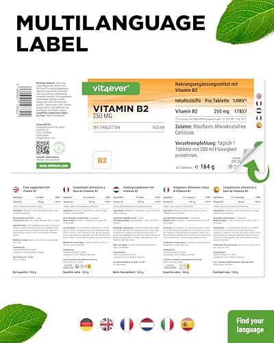 Vitamin B2 (Riboflavin) - 250 mg - 365 Tabletten - Hochdosiert - Ohne unerwünschte Zusätze - Vegan