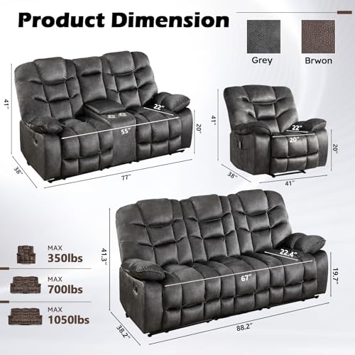 Image of HAOMARKETS 3 Pieces Recliner Sofa Furniture Set, Power Recliner Chair with Message& Heat, Manual Loveseat with Hidden Storage and Cup Holders,3-Seat Reclining Couch for Living Room,Grey