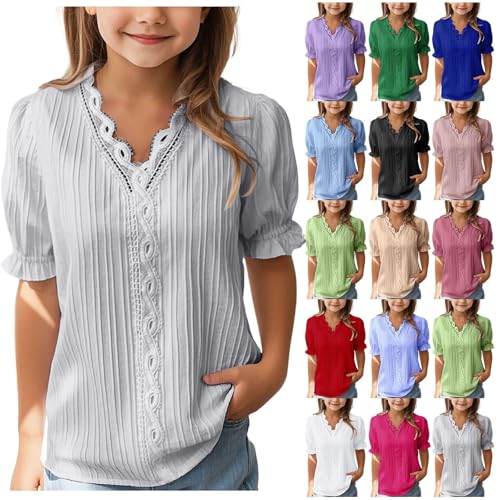 Girls Puff Short Sleeve Shirts Plain Knit Ribbed Embroidery V Neck Shirts Tops Teen Kids Summer Cute Lace Elegant Tops