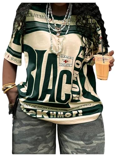 SOLY HUX Women's Plus Size Letter Graphic Short Sleeve T Shirts Drop Shoulder Crew Neck Loose Tee Tops Streetwear