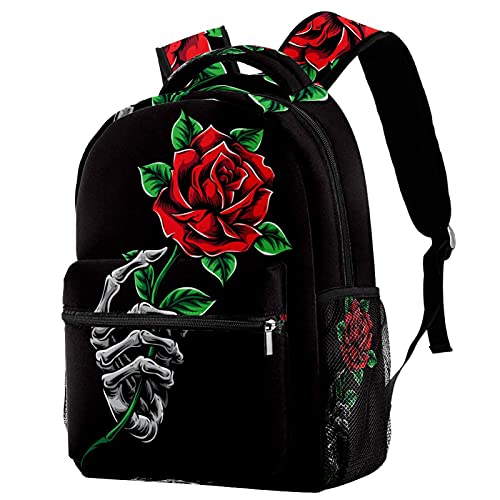 Skeleton Hand Holding Red Rose School Backpack Medium Size, Travel Bag For Women Girls Men Boys Teens - Main Image
