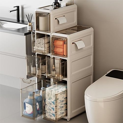 JoliJour Muebles Auxiliares para Baño Estrechos,3 Plantas Gabinete de Aterrizaje del Baño con Cajones Transparentes y Ruedas,Armario de Almacenamiento Delgado de 7.3 Pulgadas de Ancho para Baño
