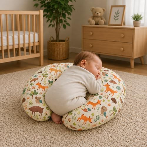 Image of ๐๐ข๐ฆ๐ ๐๐ฅ Nursing Pillow for Breastfeeding Newborn Baby | C-Shape Feeding Pillow with Removable Cotton Cover | Tummy Time, Propping & Sitting Support | Baby Feeding Pillow for Mother (White Jungle)