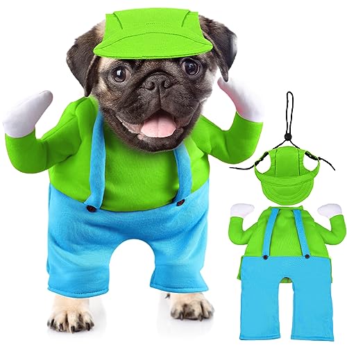 Tarpop 2 Pcs Halloween Suspenders Dog Costume Dog Hat Overalls Cosplay Dog Clothes Dog Baseball Cap for Sport Party, Small(Green, Blue)