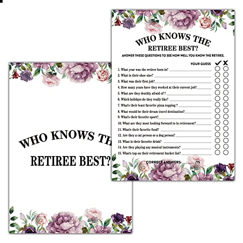 Retirement Party Games, Who Knows The Retiree Best Co-Worker Retirement Party Game Card, Purple Floral Retirement Party Ideas Activities Supplies Decorations(30 Game Cards) - B01