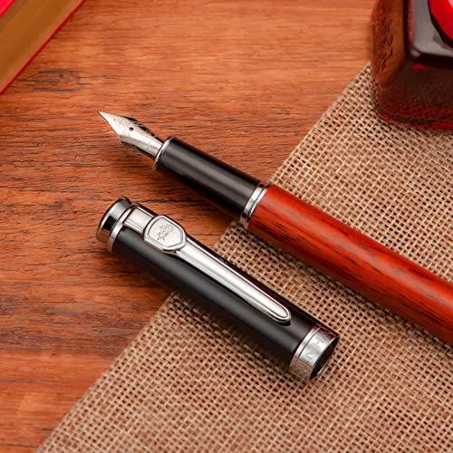 Jinhao Rose Wood Fountain Pen 8802 Fine Nib Size With Pen Pouch Set #TOP4
