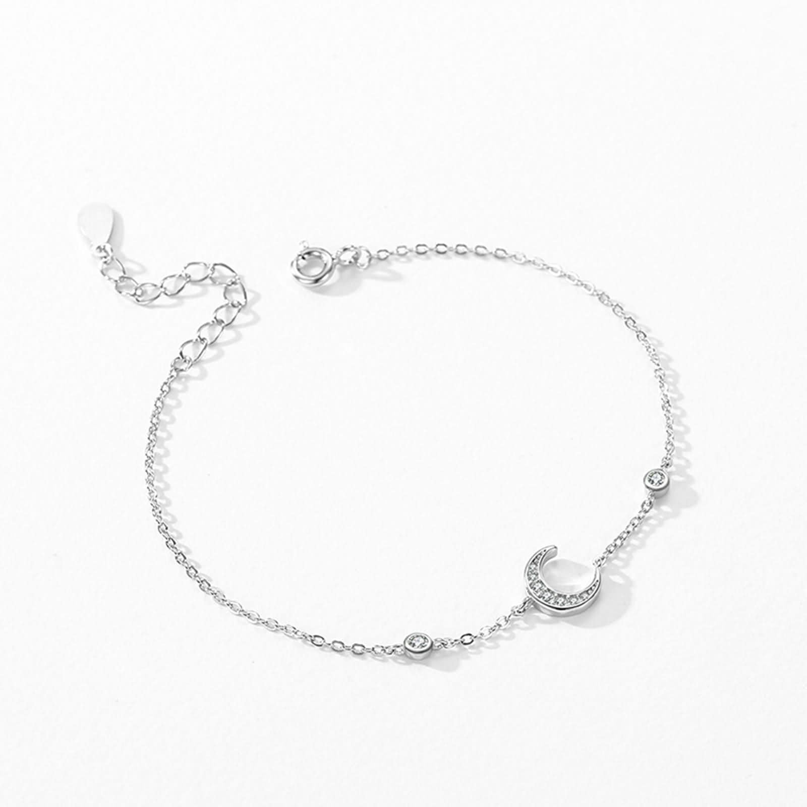 Braccialetto Donna Oro Bianco 9K / 14K / 18K 750, Luna con Diamante, Regolabile 16 CM + 5 CM, Braccialetti Donna Argento